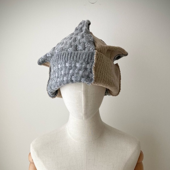 joodito origami crown 100% wool sweater hat japanese boro patchwork beanie cap - Picture 5 of 11